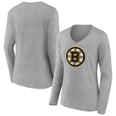Boston Bruins Women's Primary Logo Team Long Sleeve V-Neck T-Shirt - Heather Gray | US 5221240