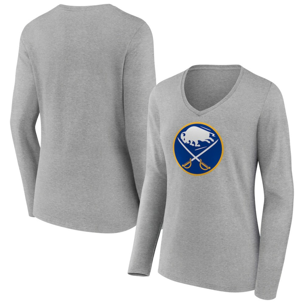 Buffalo Sabres Women's Primary Logo Team Long Sleeve V-Neck T-Shirt - Heather Gray | US 5221241