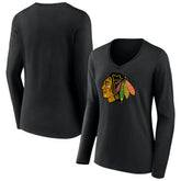 Chicago Blackhawks Women's Primary Team Logo Long Sleeve V-Neck T-Shirt - Black | US 5221243