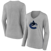 Vancouver Canucks Women's Primary Logo Team Long Sleeve V-Neck T-Shirt - Heather Gray | US 5221244
