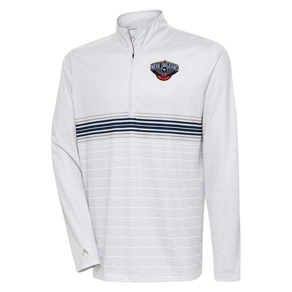 New Orleans Pelicans Antigua Bullseye Quarter-Zip Pullover Top Heather Gray/Navy