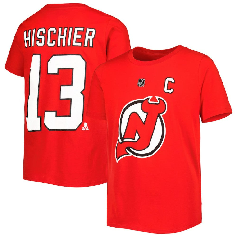 Nico Hischier New Jersey Devils Youth Player Name & Number T-Shirt - Red | US 5232959