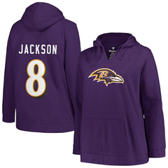 Lamar Jackson Baltimore Ravens Profile Women's Plus Size Player Name & Number Pullover Hoodie - Purple Hoodies