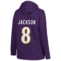 Lamar Jackson Baltimore Ravens Profile Women's Plus Size Player Name & Number Pullover Hoodie - Purple Hoodies
