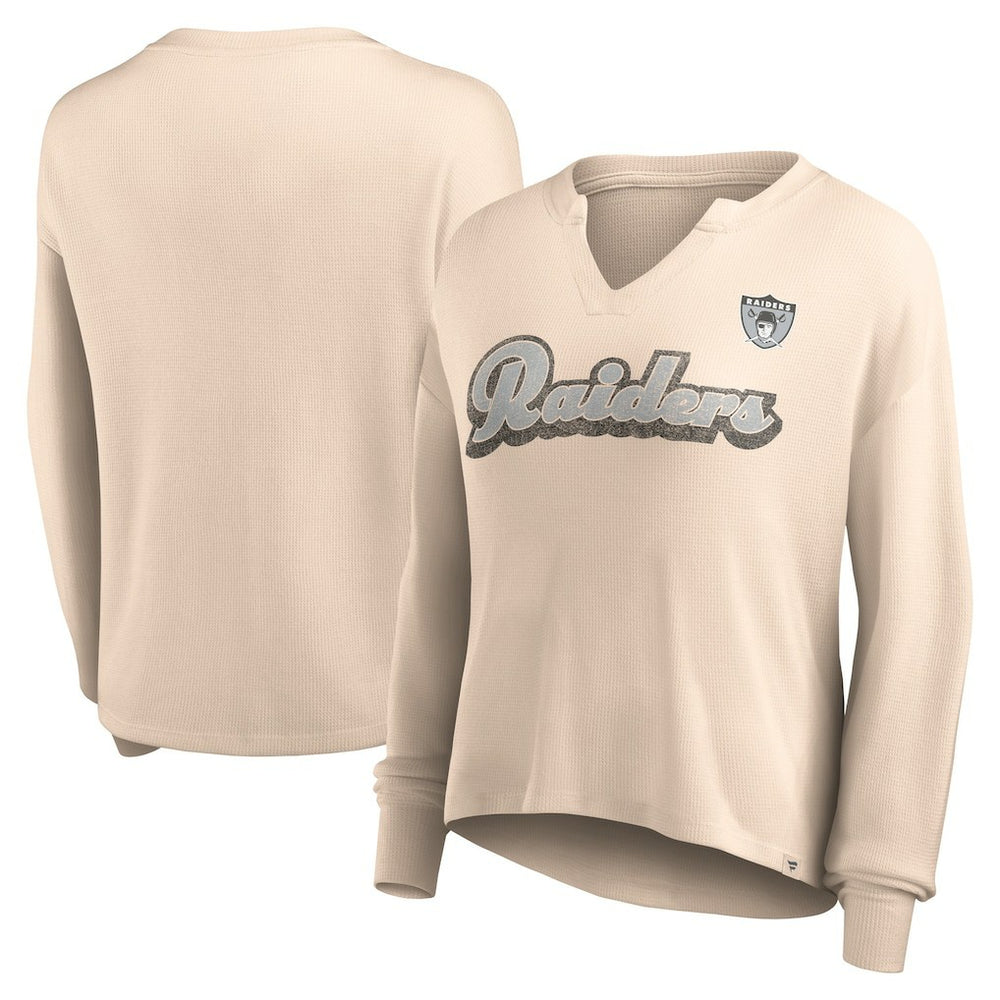 Las Vegas Raiders Women's Go For It Notch Neck Waffle Knit Lightweight Long Sleeve T-Shirt - Tan T-shirts