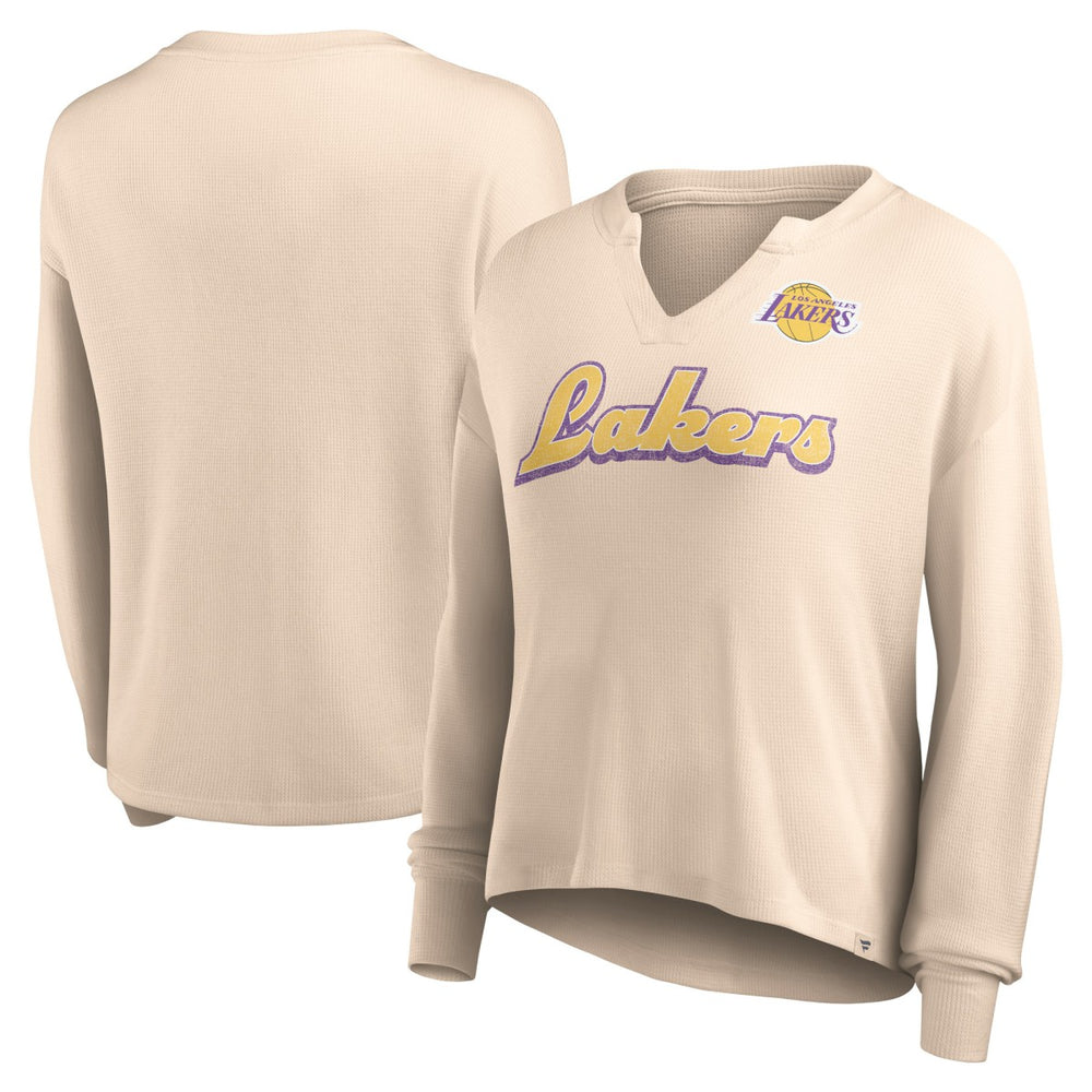 Los Angeles Lakers Women's Go For It Long Sleeve Notch Neck T-Shirt Tan - Fanatics