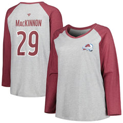 Nathan MacKinnon Colorado Avalanche Fanatics Women's Plus Size Name & Number Raglan Long Sleeve T-Shirt - Heather Gray/Heather Burgundy | US 5254399