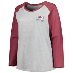 Nathan MacKinnon Colorado Avalanche Fanatics Women's Plus Size Name & Number Raglan Long Sleeve T-Shirt - Heather Gray/Heather Burgundy | US 5254399