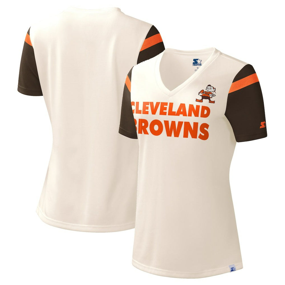 Cleveland Browns Starter Women's Kick Start V-Neck T-Shirt - Cream T-shirts