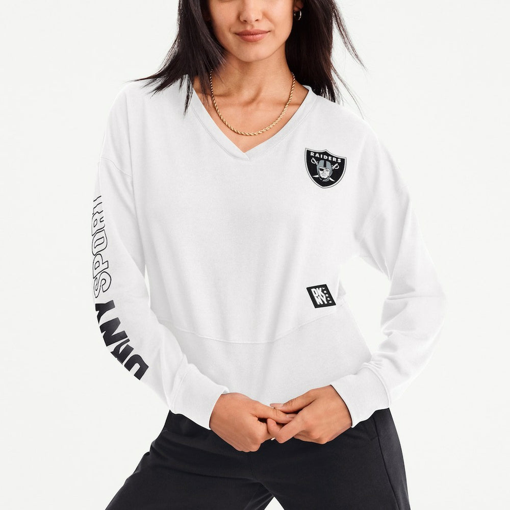 Las Vegas Raiders DKNY Sport Women's Lily V-Neck Pullover Sweatshirt - White Pullover