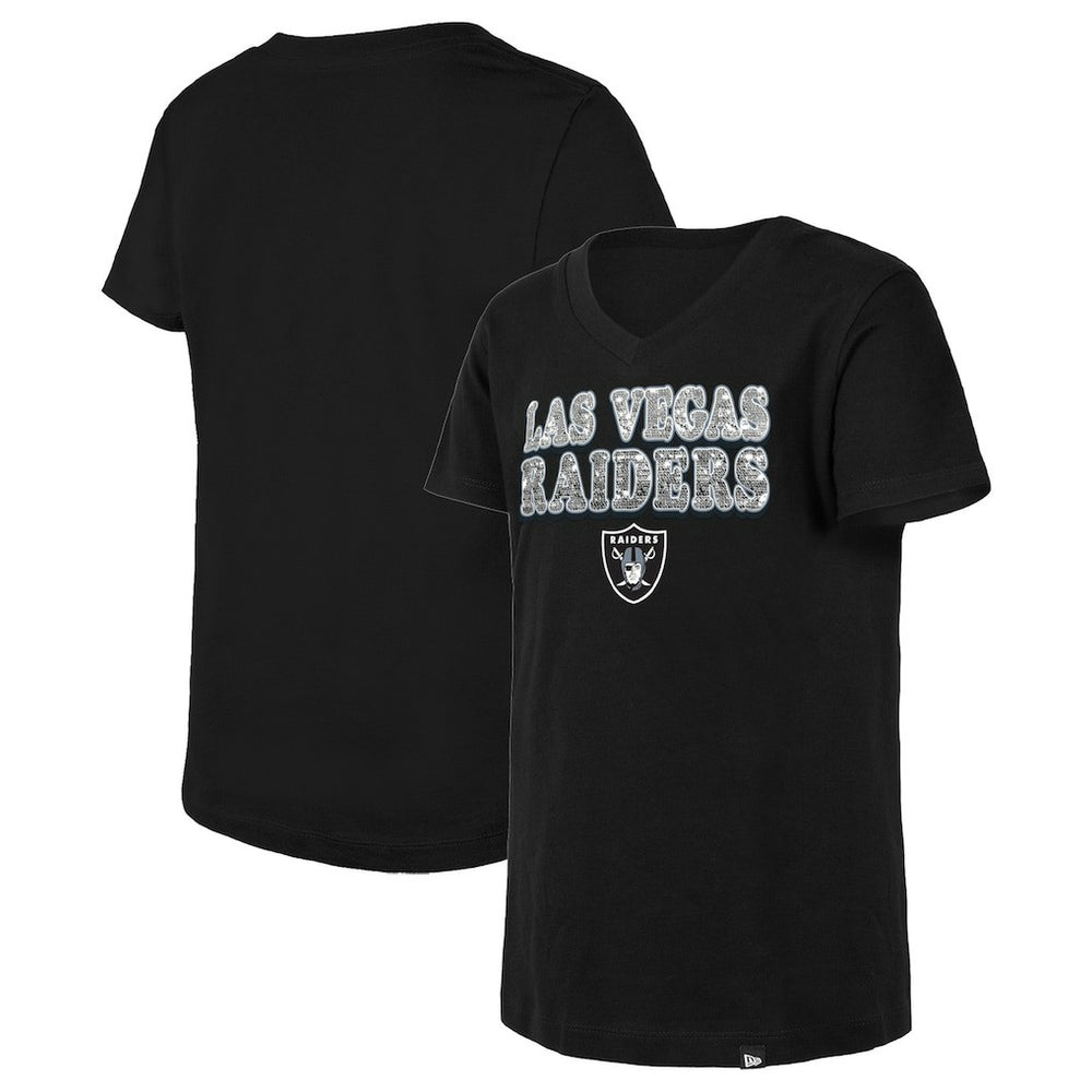 Las Vegas Raiders New Era Girls Youth Reverse Sequin V-Neck T-Shirt - Black T-shirts
