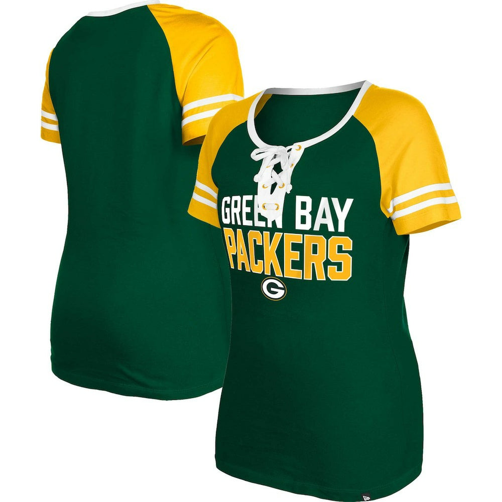 Green Bay Packers New Era Women's Raglan Lace-Up T-Shirt - Green T-shirts