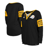 Pittsburgh Steelers New Era Women's Lace-Up Notch Neck Long Sleeve T-Shirt - Black T-shirts