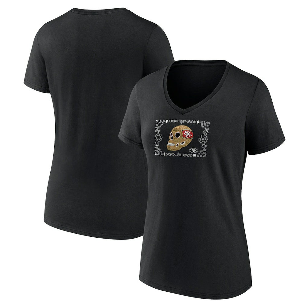 San Francisco 49ers Women's Sugar Skull V-Neck T-Shirt - Black T-shirts