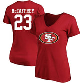 Christian McCaffrey San Francisco 49ers Women's Plus Size Fair Catch Name & Number Scoop Neck T-Shirt - Scarlet T-shirts