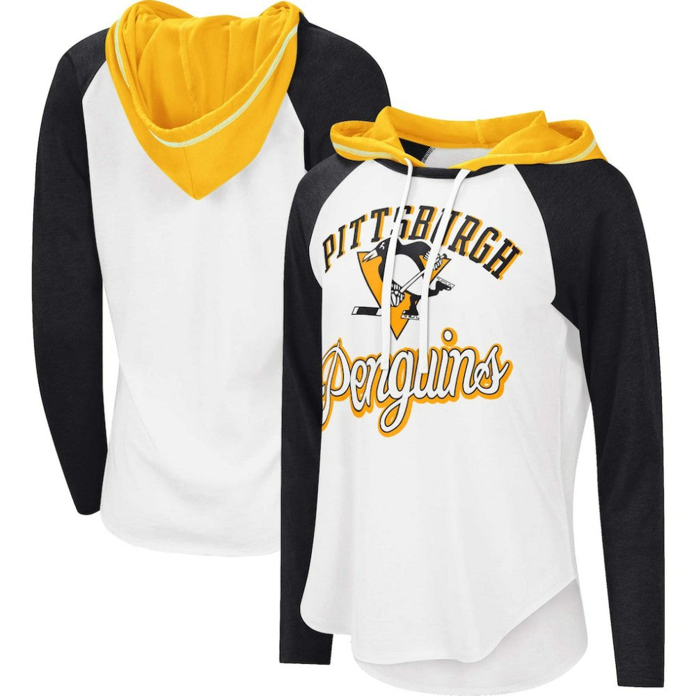 Pittsburgh Penguins G-III 4Her by Carl Banks Women's MVP Raglan Lightweight Hooded T-Shirt - White/Heather Black | US 5271970