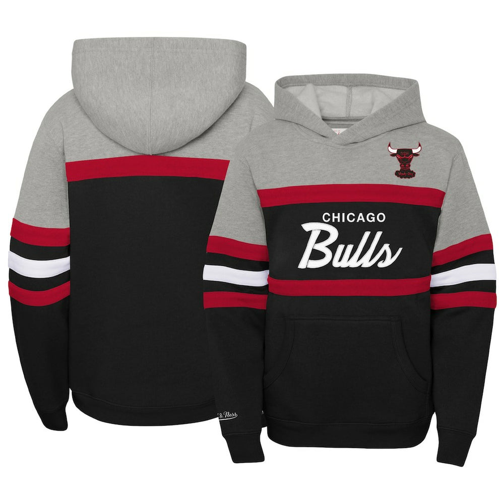 Chicago Bulls Youth Hardwood Classics Head Coach Pullover Hoodie Black/Heather Gray - Mitchell & Ness