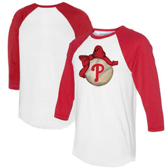 Philadelphia Phillies Tiny Turnip Women's Baseball Bow 3/4-Sleeve Raglan T-Shirt - White/Red T-shirts