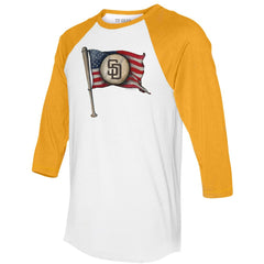 San Diego Padres Tiny Turnip Women's Baseball Flag 3/4-Sleeve Raglan T-Shirt - White/Gold T-shirts
