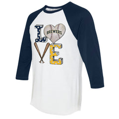 Milwaukee Brewers Tiny Turnip Women's Baseball Love Raglan 3/4-Sleeve T-Shirt - White/Navy T-shirts