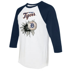 Detroit Tigers Tiny Turnip Women's Baseball Tear 3/4-Sleeve Raglan T-Shirt - White/Navy T-shirts