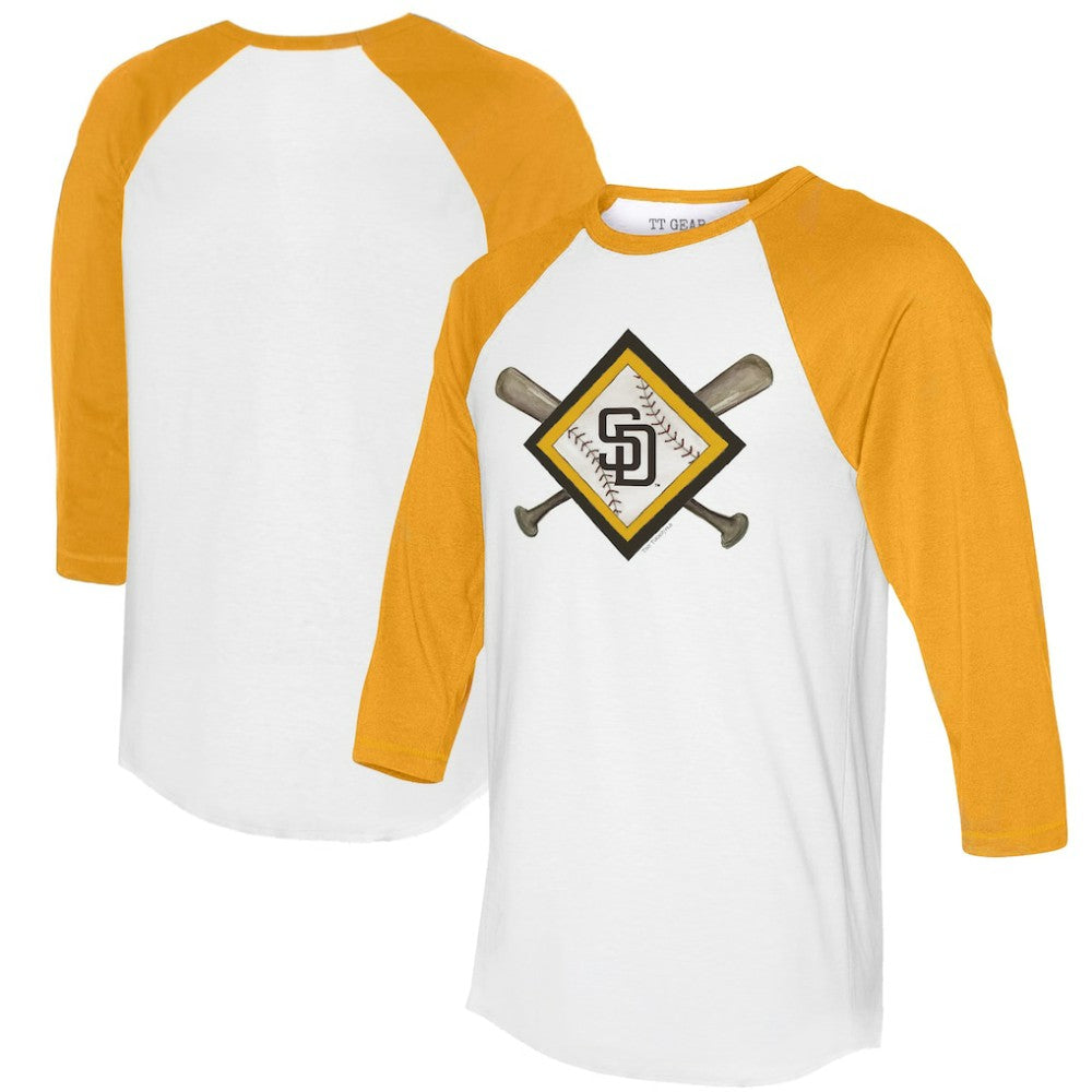 San Diego Padres Tiny Turnip Women's Diamond Cross Bats 3/4-Sleeve Raglan T-Shirt - White/Gold T-shirts