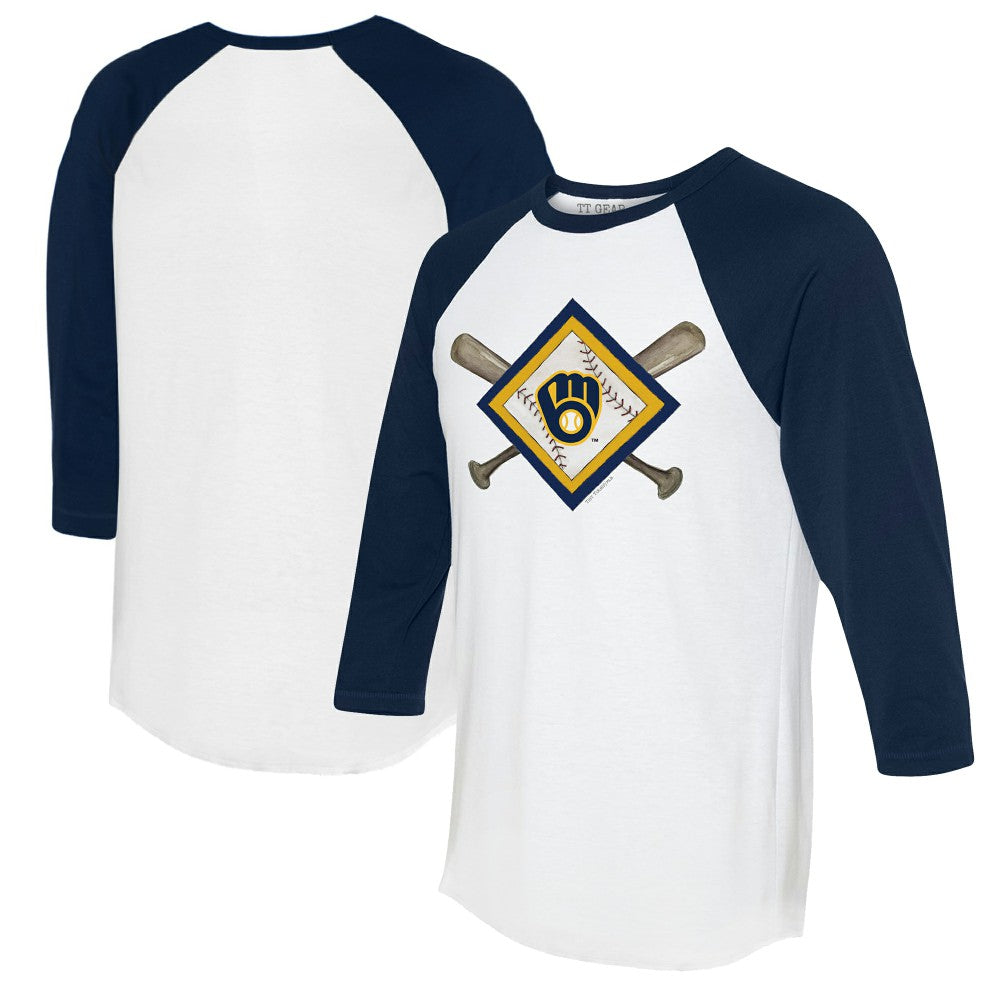 Milwaukee Brewers Tiny Turnip Women's Diamond Cross Bats 3/4-Sleeve Raglan T-Shirt - White/Navy T-shirts