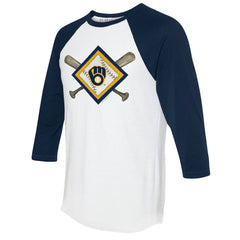Milwaukee Brewers Tiny Turnip Women's Diamond Cross Bats 3/4-Sleeve Raglan T-Shirt - White/Navy T-shirts