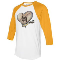 San Diego Padres Tiny Turnip Women's Heart Banner 3/4-Sleeve Raglan T-Shirt - White/Gold T-shirts
