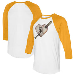 San Diego Padres Tiny Turnip Women's Heart Bat 3/4-Sleeve Raglan T-Shirt - White/Gold T-shirts