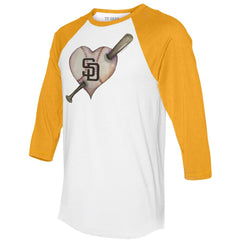 San Diego Padres Tiny Turnip Women's Heart Bat 3/4-Sleeve Raglan T-Shirt - White/Gold T-shirts
