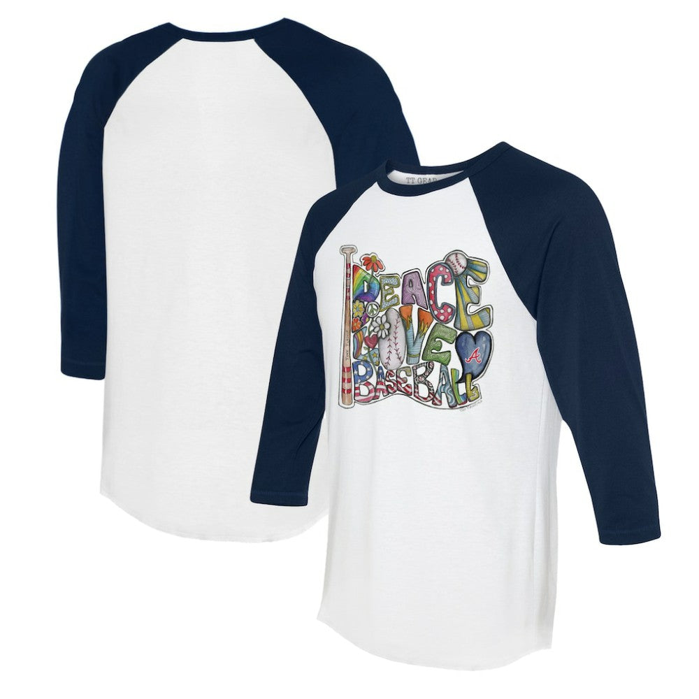 Atlanta Braves Tiny Turnip Women's Peace Love Baseball 3/4-Sleeve Raglan T-Shirt - White/Navy T-shirts