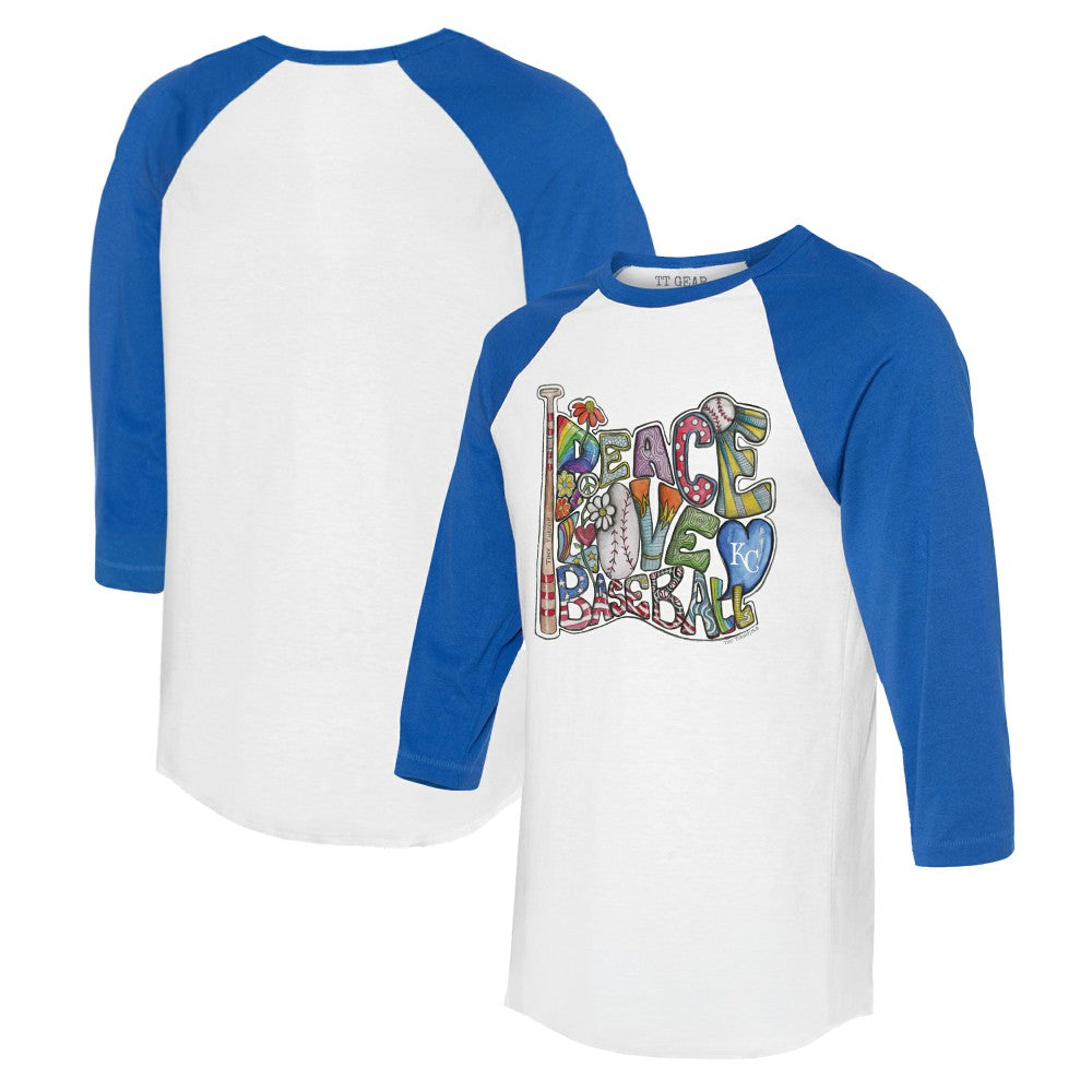 Kansas City Royals Tiny Turnip Women's Peace Love Baseball 3/4-Sleeve Raglan T-Shirt - White/Royal T-shirts