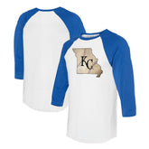 Kansas City Royals Tiny Turnip Unisex State Outline 3/4-Sleeve Raglan T-Shirt - White/Royal T-shirts