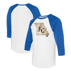 Kansas City Royals Tiny Turnip Unisex State Outline 3/4-Sleeve Raglan T-Shirt - White/Royal T-shirts
