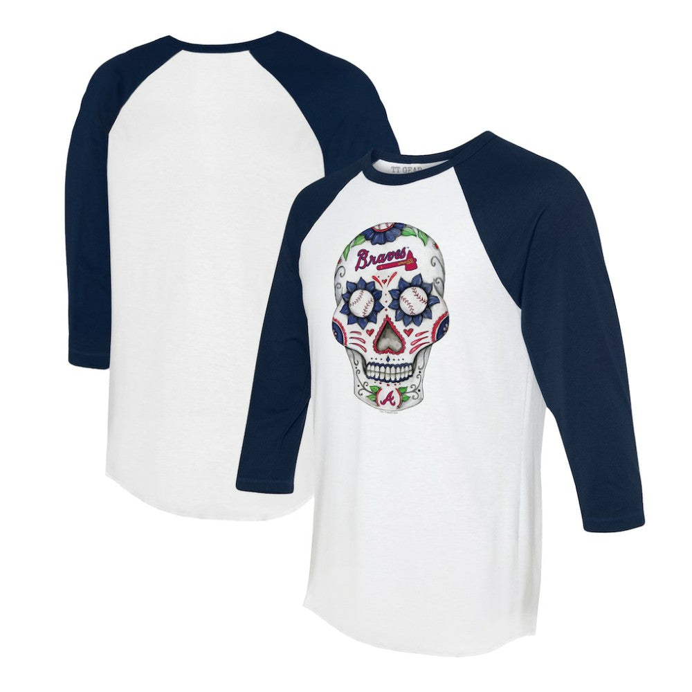 Atlanta Braves Tiny Turnip Unisex Sugar Skull 3/4-Sleeve Raglan T-Shirt - White/Navy T-shirts