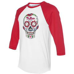 Philadelphia Phillies Tiny Turnip Unisex Sugar Skull 3/4-Sleeve Raglan T-Shirt - White/Red T-shirts
