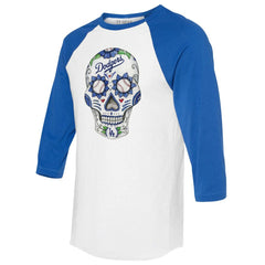 Los Angeles Dodgers Tiny Turnip Unisex Sugar Skull 3/4-Sleeve Raglan T-Shirt - White/Royal T-shirts
