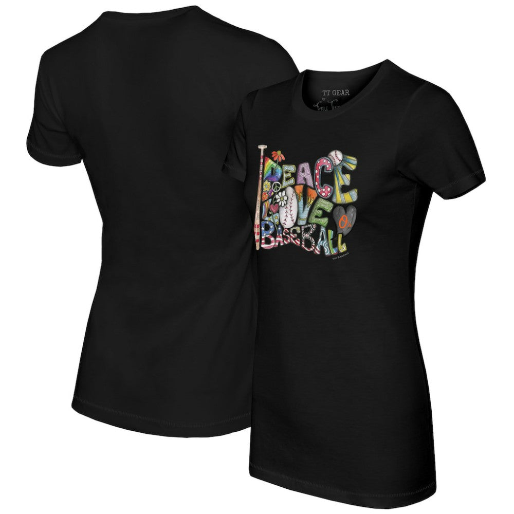 Baltimore Orioles Tiny Turnip Women's Peace Love Baseball Fitted T-Shirt - Black T-shirts