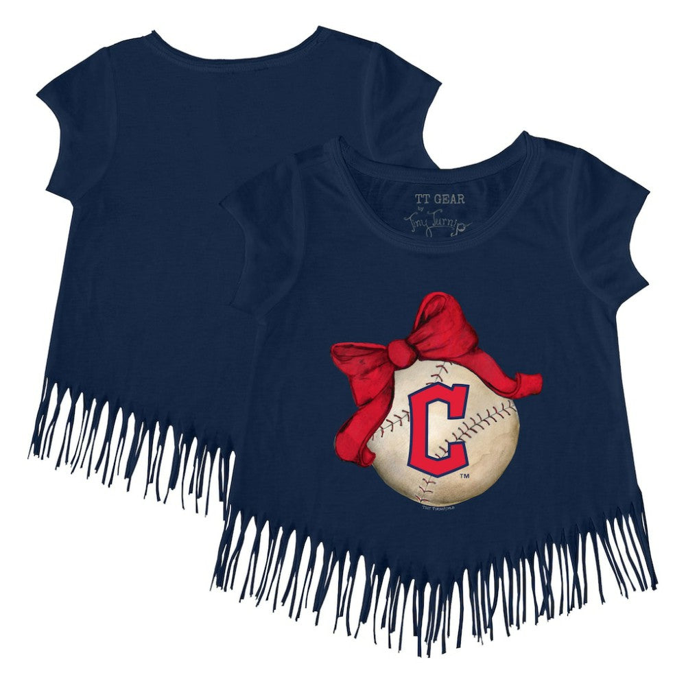 Cleveland Guardians Tiny Turnip Girls Youth Baseball Bow Fringe T-Shirt - Navy T-shirts