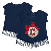 Cleveland Guardians Tiny Turnip Girls Youth Baseball Bow Fringe T-Shirt - Navy T-shirts