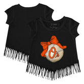 Baltimore Orioles Tiny Turnip Girls Youth Baseball Bow Fringe T-Shirt - Black T-shirts