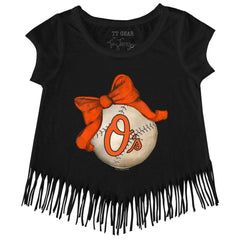 Baltimore Orioles Tiny Turnip Girls Youth Baseball Bow Fringe T-Shirt - Black T-shirts