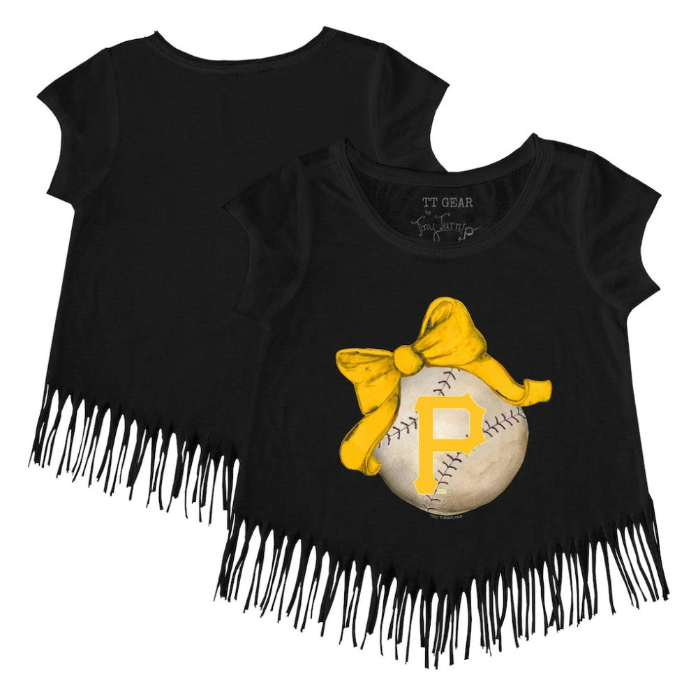 Pittsburgh Pirates Tiny Turnip Girls Youth Baseball Bow Fringe T-Shirt - Black T-shirts