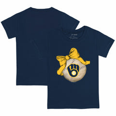 Milwaukee Brewers Tiny Turnip Youth Baseball Bow T-Shirt - Navy T-shirts