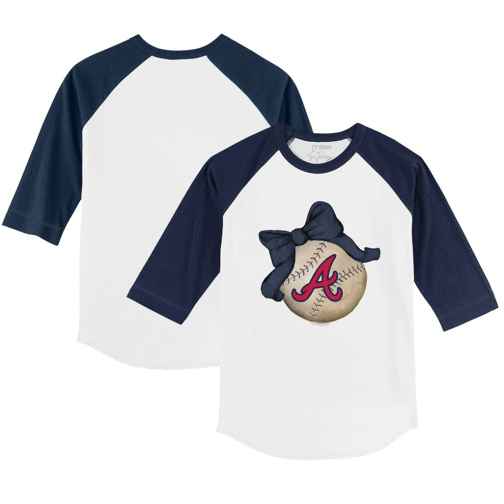 Atlanta Braves Tiny Turnip Youth Baseball Bow 3/4-Sleeve Raglan T-Shirt - White/Navy T-shirts