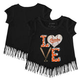 Baltimore Orioles Tiny Turnip Girls Youth Baseball Love Fringe T-Shirt - Black T-shirts