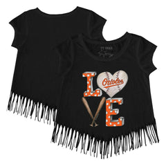 Baltimore Orioles Tiny Turnip Girls Youth Baseball Love Fringe T-Shirt - Black T-shirts