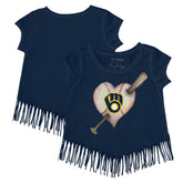 Milwaukee Brewers Tiny Turnip Girls Youth Heart Bat Fringe T-Shirt - Navy T-shirts