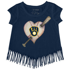 Milwaukee Brewers Tiny Turnip Girls Youth Heart Bat Fringe T-Shirt - Navy T-shirts
